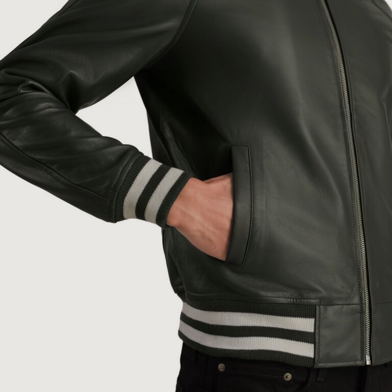 Mens Walton Green Leather Varsity Jacket Close-Up-9-1704120353463